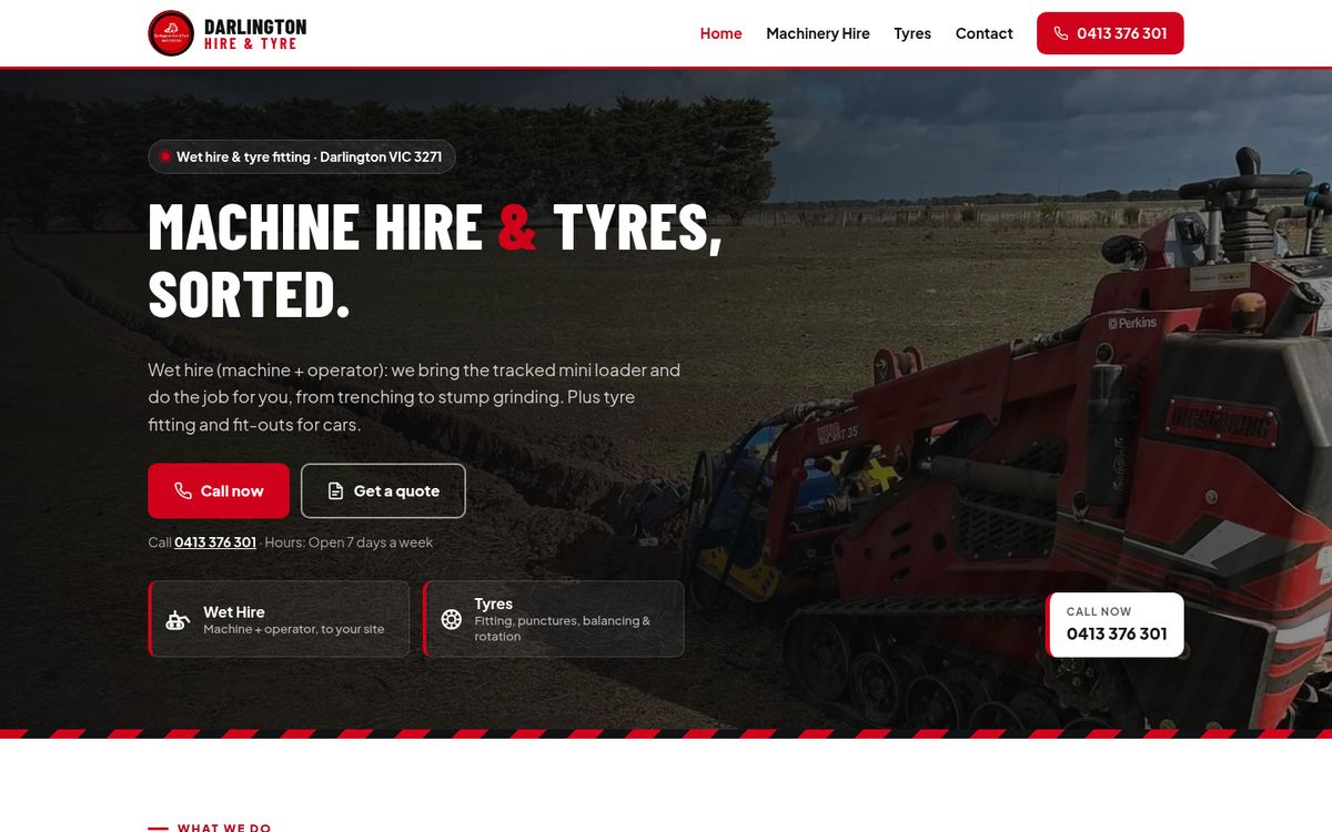 Homepage of the Darlington Hire & Tyre website: a red tracked mini loader trenching, with Call now and Get a quote buttons